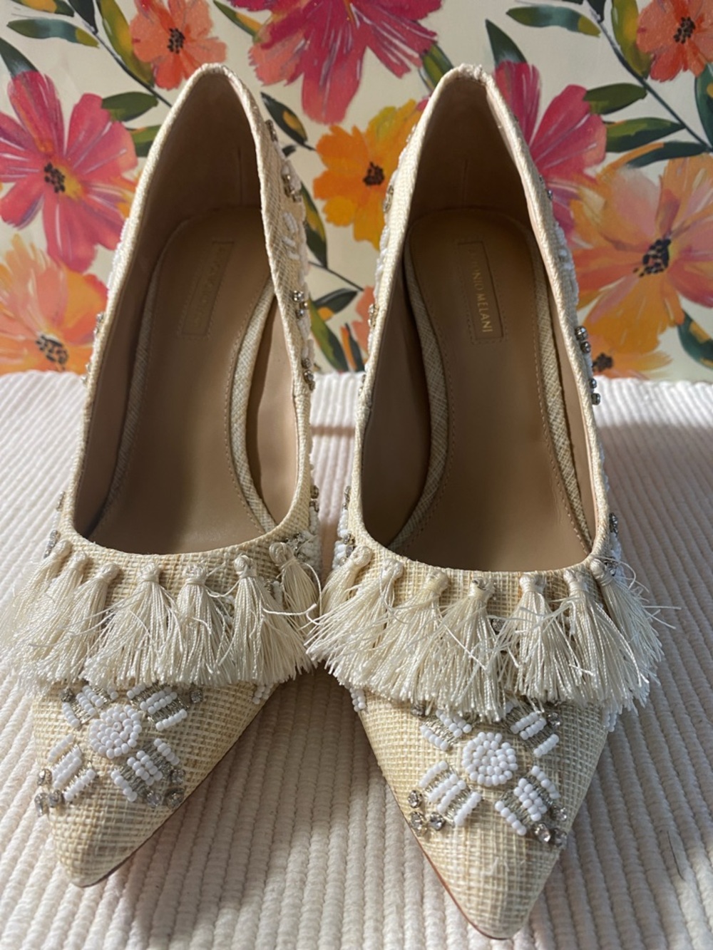 Antonio Melani “Monica”  Cream Tassel Beaded Pointed-Toe Heels